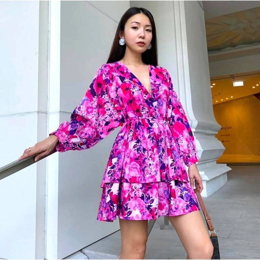 ZARA Pink Floral V Neck Mini Dress NWT Flounce Hem Resort Vacation Dress M - Picture 6 of 16